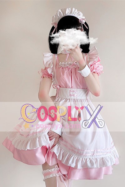 日本のピンクのメイド服 半袖 ロリメイド服 喫茶 cosplay メイド cos ロリータワンピース コスチューム