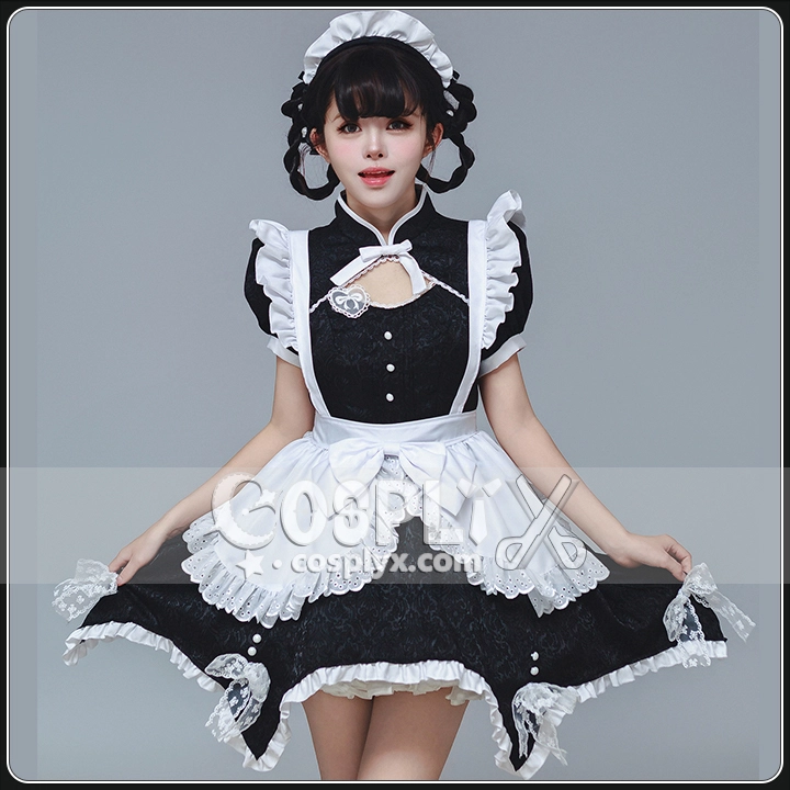 中華風 メイド服 旗袍 ロリータ ワンピース 黒白 ジャカード 女仆コスプレ衣装 大きいサイズ
